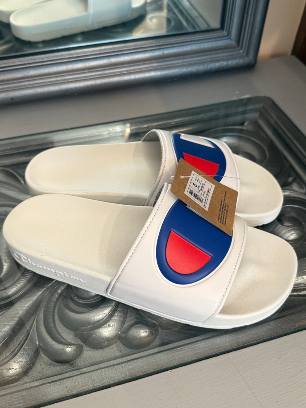 Champion 8 Men’s IPO White Slides with Blue & Red Logo Accent